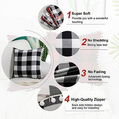 2Pcs Pompoms Buffalo Retro Plaid Throw Pillow Covers, Decorative Cushion Covers 18" x 18"