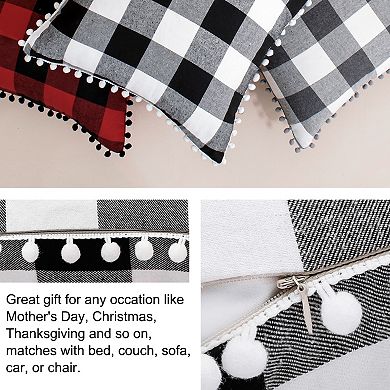 2Pcs Pompoms Buffalo Retro Plaid Throw Pillow Covers, Decorative Cushion Covers 18" x 18"