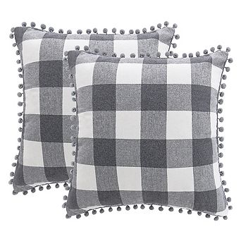 2 pc Pompoms Buffalo Retro Plaid Throw Pillow Covers, Decorative Cushion Covers 18" x 18"