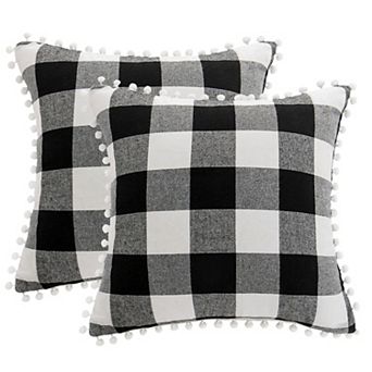 2 pc Pompoms Buffalo Retro Plaid Throw Pillow Covers, Decorative Cushion Covers 18" x 18"