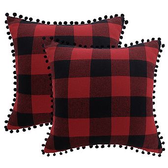 2 pc Pompoms Buffalo Retro Plaid Throw Pillow Covers, Decorative Cushion Covers 18" x 18"