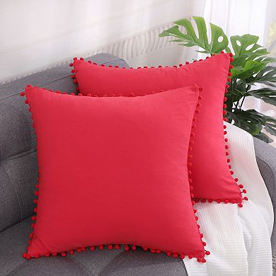 Square Decorative Throw Pillow Cover with Pom-poms Soft Velvet Outdoor ...