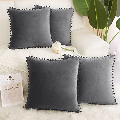 Velvet Pillow Cover With Pompoms For Sofa Bed 4pcs 18" X 18"