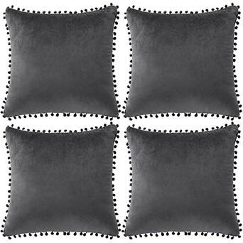 Velvet Pillow Cover With Pompoms For Sofa Bed 4 pc 18" X 18"