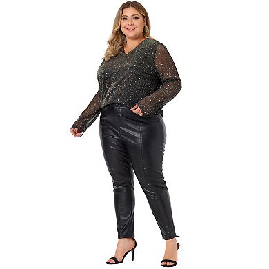 Plus Size Tops for Women Long Sheer Sleeve Sequin Sparkly Glitter V Neck Holographic Blouse Top