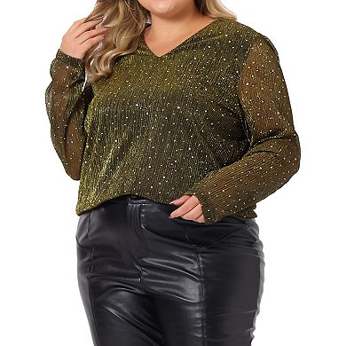 Plus Size Tops for Women Long Sheer Sleeve Sequin Sparkly Glitter V Neck Holographic Blouse Top
