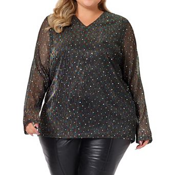 Plus size tops For women long Sheer Sleeve Sequin Sparkly Glitter V Neck Holographic Blouse Top