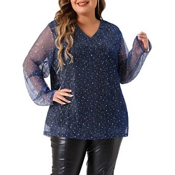Plus size tops For women long Sheer Sleeve Sequin Sparkly Glitter V Neck Holographic Blouse Top
