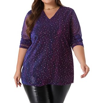 Plus size tops For women long Sheer Sleeve Sequin Sparkly Glitter V Neck Holographic Blouse Top