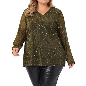 Plus size tops For women long Sheer Sleeve Sequin Sparkly Glitter V Neck Holographic Blouse Top