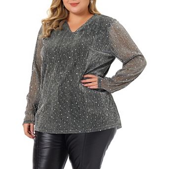 Plus size tops For women long Sheer Sleeve Sequin Sparkly Glitter V Neck Holographic Blouse Top