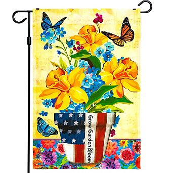 G128 Garden Flag Spring Decoration Garden Spring Bloom USA Flower Pot with Butterflies 12"x18"