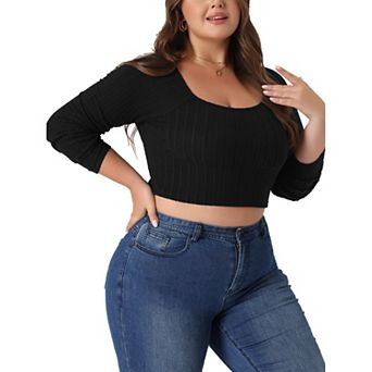 Plus Size Blouse For Women Square Neck Top Long Sleeve Cropped Tops
