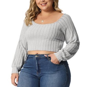 Plus Size Blouse For Women Square Neck Top Long Sleeve Cropped Tops