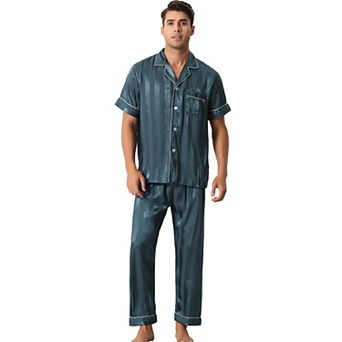 Men Striped Satin Button Down Short Sleeve Long Pants Pajama Set