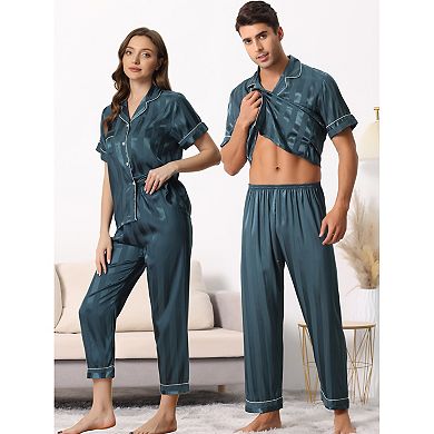 Men Striped Satin Button Down Short Sleeve Long Pants Pajama Set