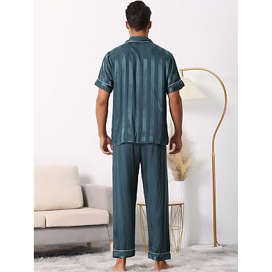 Men Striped Satin Button Down Short Sleeve Long Pants Pajama Set