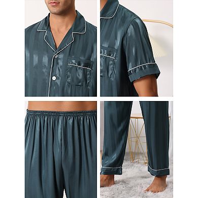 Men Striped Satin Button Down Short Sleeve Long Pants Pajama Set