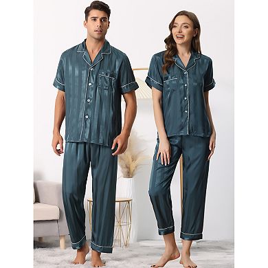 Men Striped Satin Button Down Short Sleeve Long Pants Pajama Set