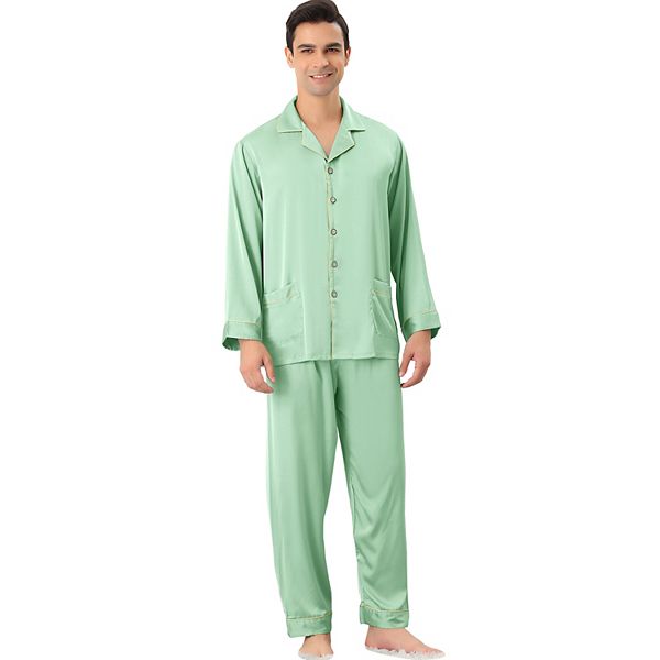 Men's Satin Pajamas Set Long Sleeves Button Down Sleepwear Nightwear Pjs