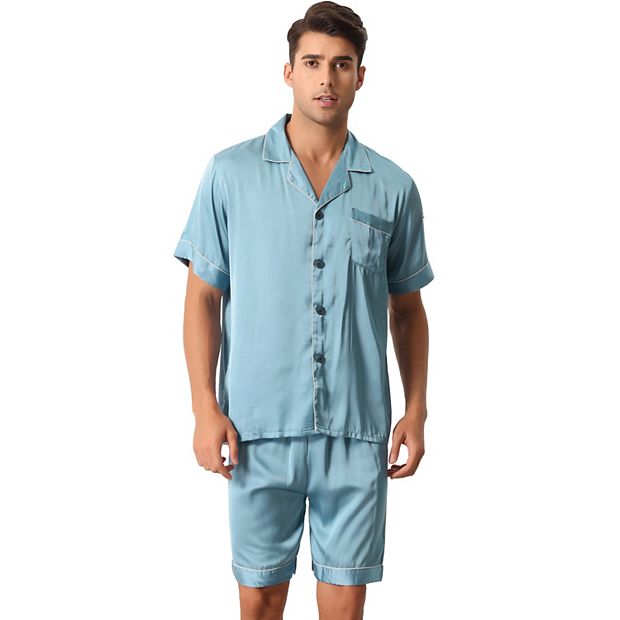 Men Satin Button Down Pajama Sets Short Sleeve Shirt and Shorts Sleepwear