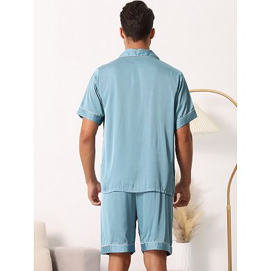 Men Satin Button Down Pajama Sets Short Sleeve Shirt and Shorts Sleepwear