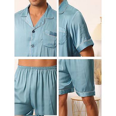 Men Satin Button Down Pajama Sets Short Sleeve Shirt and Shorts Sleepwear