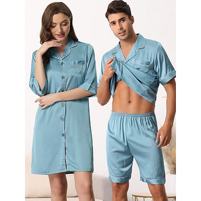 Men Satin Button Down Pajama Sets Short Sleeve Shirt and Shorts Sleepwear