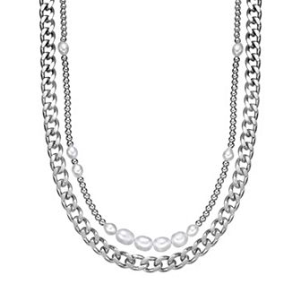 Men's LYNX Stainless Steel & Freshwater Cultured Pearl Layered Multi-Strand Chain Necklace