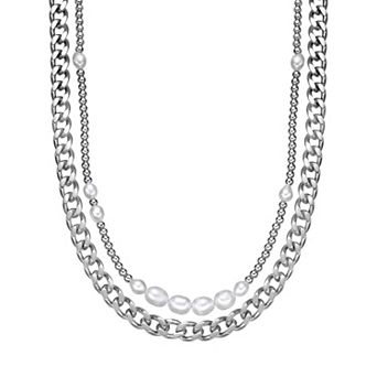 Men's LYNX Stainless Steel & Freshwater Cultured Pearl Layered Multi-Strand Chain Necklace