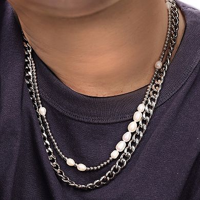Men's LYNX Stainless Steel & Freshwater Cultured Pearl Layered Multi-Strand Chain Necklace