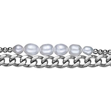 Men's LYNX Stainless Steel & Freshwater Cultured Pearl Layered Multi-Strand Chain Necklace