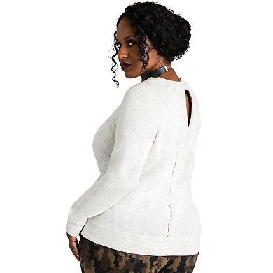 Plus Size Women's Curvy Fit French Terry Open Back Long Sleeve Tops