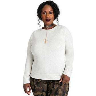 Plus Size Women's Curvy Fit French Terry Open Back Long Sleeve Tops