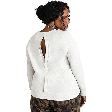 Plus Size Women's Curvy Fit French Terry Open Back Long Sleeve Tops