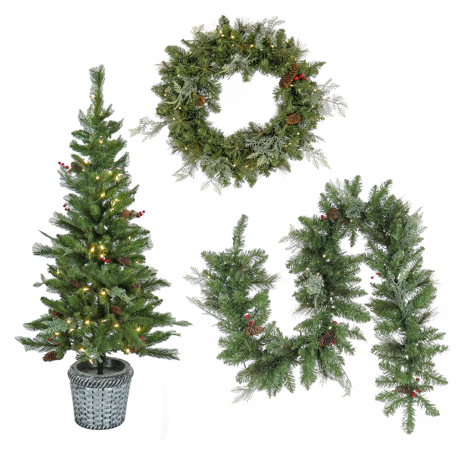 Melrose Set of 2 Pine with Berry and Ornament Artificial Christmas Sprays  16