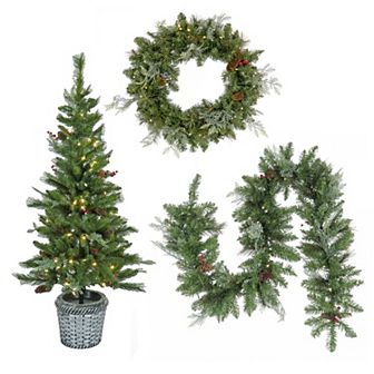 National Tree Company 3 pc Feel Real Artificial Buzzard Pine Battery-Operated LED 5-ft. Entrance Tree in Pot, 24 in Wreath & 6-ft. Garland Set