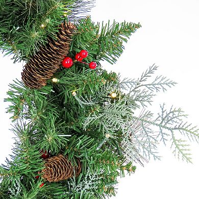 National Tree Company 3-Piece Feel Real Artificial Buzzard Pine Battery-Operated LED 5-ft. Entrance Tree in Pot, 24-in. Wreath & 6-ft. Garland Set