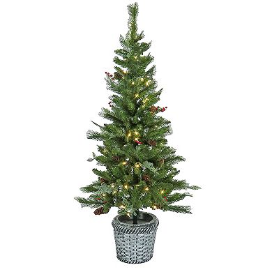 National Tree Company 3-Piece Feel Real Artificial Buzzard Pine Battery-Operated LED 5-ft. Entrance Tree in Pot, 24-in. Wreath & 6-ft. Garland Set
