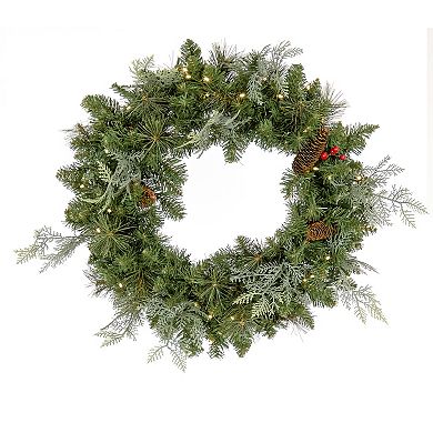 National Tree Company 3-Piece Feel Real Artificial Buzzard Pine Battery-Operated LED 5-ft. Entrance Tree in Pot, 24-in. Wreath & 6-ft. Garland Set
