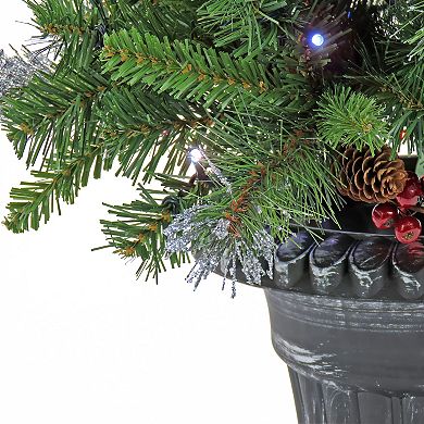 National Tree Company 24-in. Artificial Spruce Porch Bush in Silver Brushed Plastic Urn with Battery-Operated Twinkling Lights