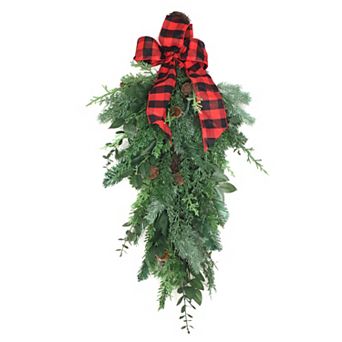 National Tree Company 30 in Christmas Faux Pine, Faux Leaves, Faux Pinecones & Bow Teardrop Wall Decor
