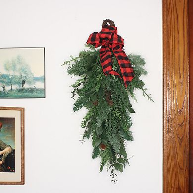 National Tree Company 30-in. Christmas Faux Pine, Faux Leaves, Faux Pinecones & Bow Teardrop Wall Decor