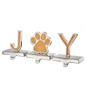 National Tree Company 3 pc "Joy" Paw Print Silver & Gold Sparkle Stocking Holder Set