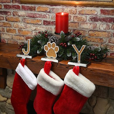 National Tree Company 3-Piece "Joy" Paw Print Silver & Gold Sparkle Stocking Holder Set
