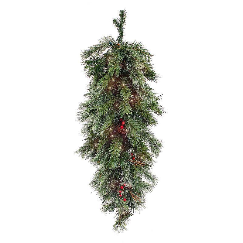 National Tree Company Pre-Lit Artificial Christmas Teardrop Wreath  Green  Glistening Pine  Red Berries  Twigs  Pine Cones  50 Warm White Battery Operated LED Lights  Timer  36 Inch