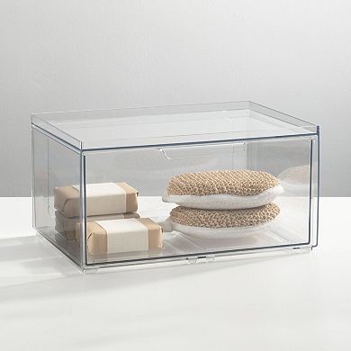 mDesign Clarity 8" x 12" x 6" Plastic Wide Stackable Bathroom Storage Organizer with Drawer, 4 Pack