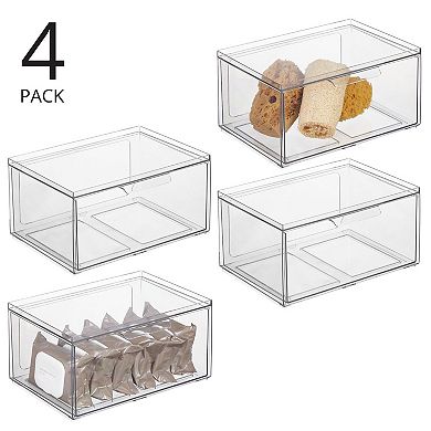 mDesign Clarity 8" x 12" x 6" Plastic Wide Stackable Bathroom Storage Organizer with Drawer, 4 Pack
