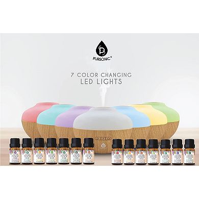 Pursonic Aromatherapy Diffuser & Essential Oil Set-Ultrasonic Top 14 Oils-300ml with 2 Mist Settings 7 Ambient Light Settings--Therapeutic Grade Oils
