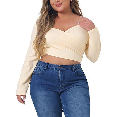Women's Plus Size Long Sleeve V Neck Casual Off Shoulder Cross Wrap Tee Shirt Blouse